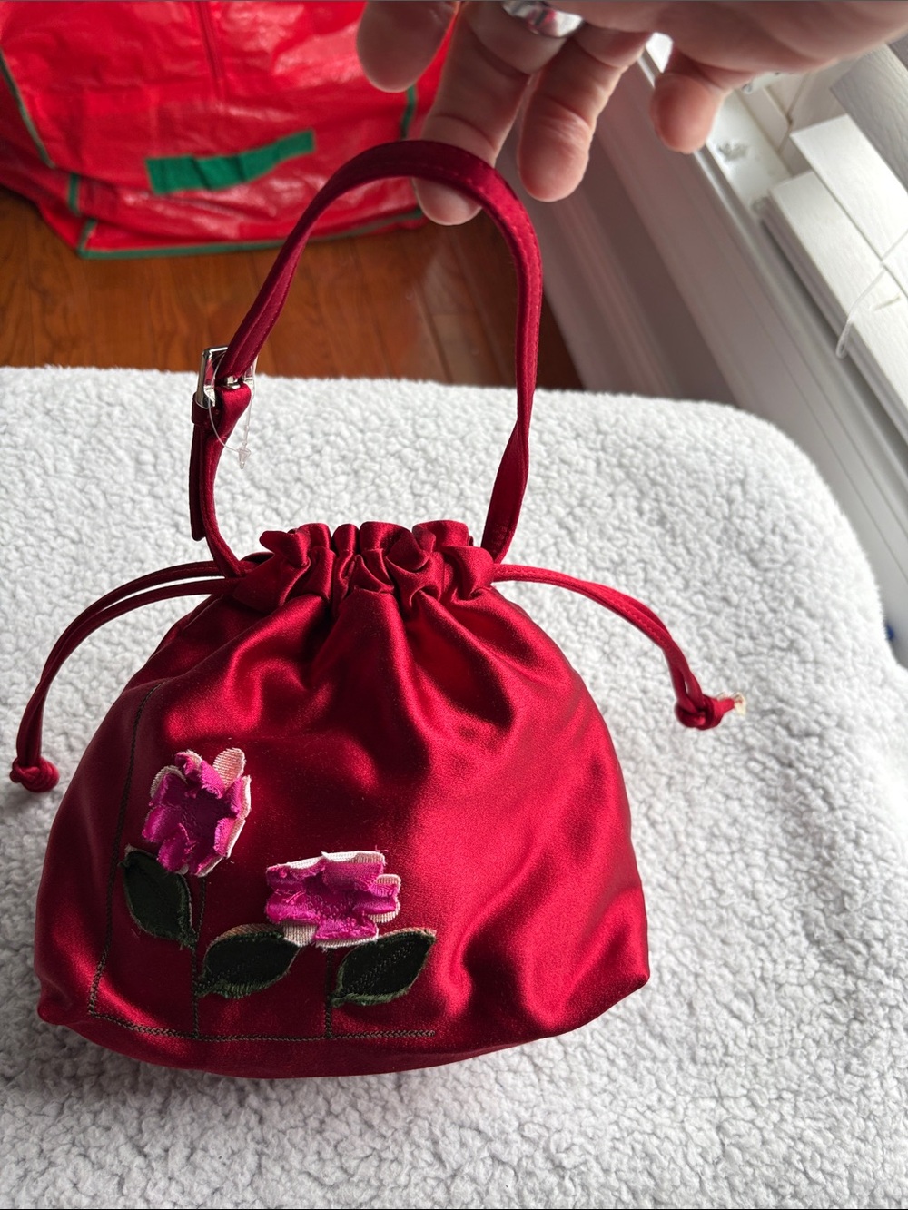 *Limited Edition* Furla Red Satin Floral Embroidered DrawstringPouch NylonInside